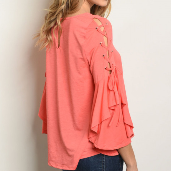 LACE UP SLEEVED CORAL BLOUSE - Picture 2 of 2